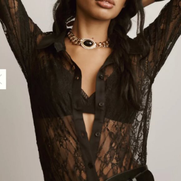 Anthropologie Tops - Anthropologie Black Lace Button Front Bodysuit Satin Trim Long Sleeve S